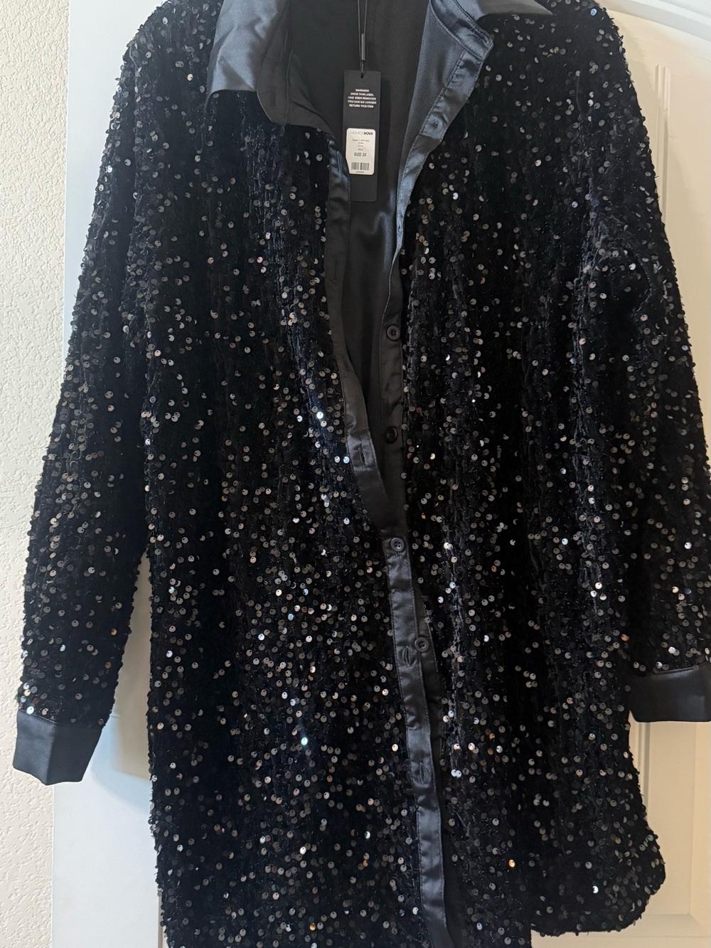 Fashion Nova Black Sequin Button-Up Shirt Dress - Picture 2 of 6